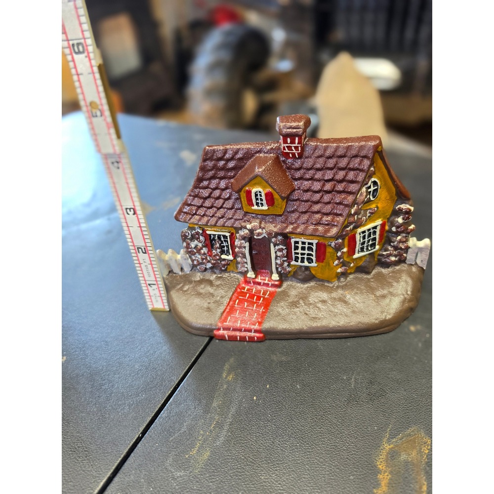 Vintage Albert E Price Cast Iron Cottage Doorstop Yellow House Red Shutters 6in